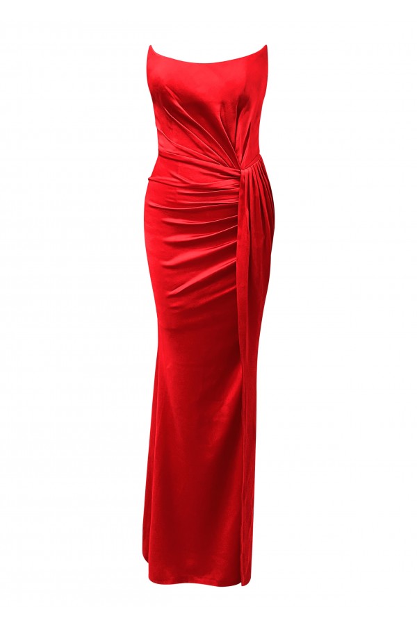 Alicia Kırmızı Saten Drapeli Yırtmaç Detaylı Uzun Elbise