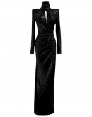 Siyah Payet Drapeli  Boğazlı Uzun Elbise