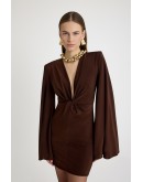 Kahverengi düğüm detaylı geniş kol mini elbise