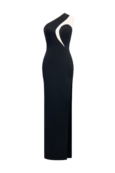 Tek Omuz Asimetrik Dekolte Detaylı Yırtmaçlı Maxi Abiye Elbise