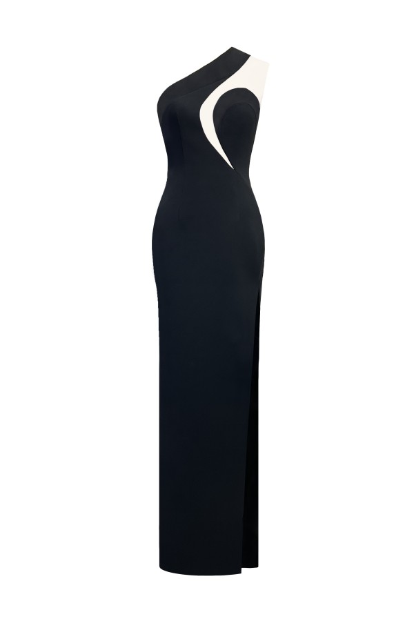 Tek Omuz Asimetrik Dekolte Detaylı Yırtmaçlı Maxi Abiye Elbise