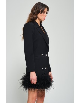 'ESTELLE' Siyah Blazer Tüylü Kruvaze Taşlı Düğmeli Ceket Elbise