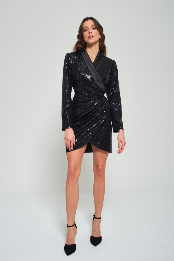 'AMAYA' Siyah Payet Saten Şal Yaka Anvelop Ceket Elbise 