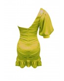 Linda Yeşil Drapeli Tek Omuz Saten Elbise