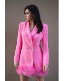 'ESTELLE' Pembe Blazer Tüylü Kruvaze Taşlı Düğmeli Ceket Elbise