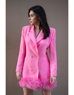 'ESTELLE' Pembe Blazer Tüylü Kruvaze Taşlı Düğmeli Ceket Elbise