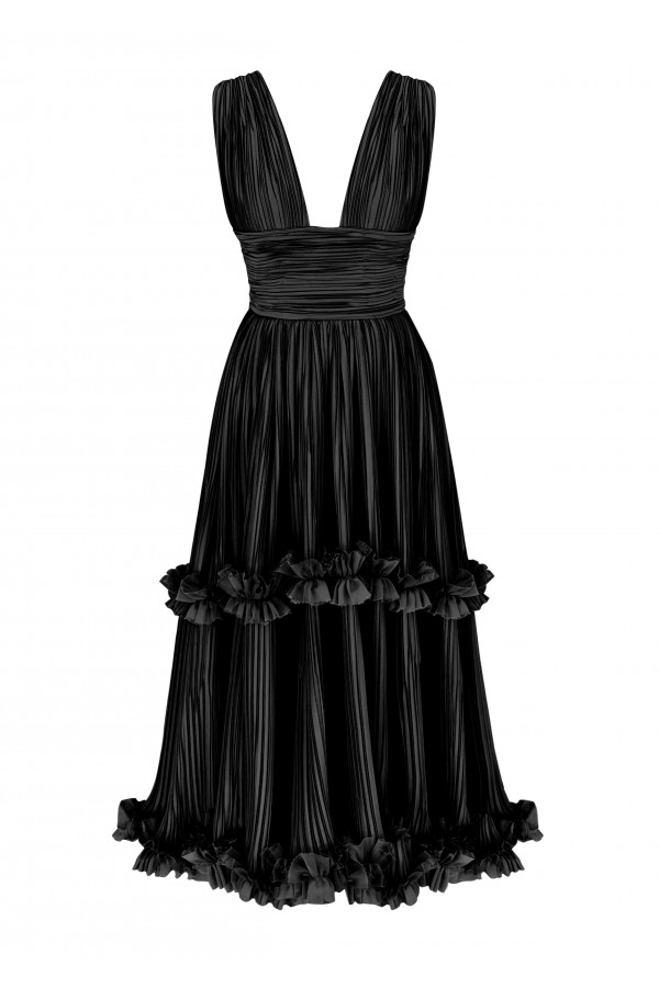 Lotus Siyah Şifon Fırfırlı Elbise