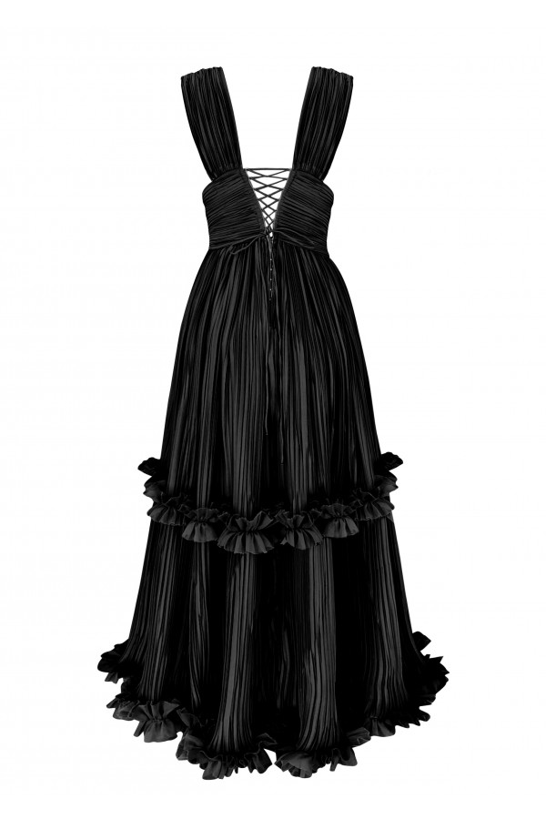 Lotus Siyah Şifon Fırfırlı Elbise