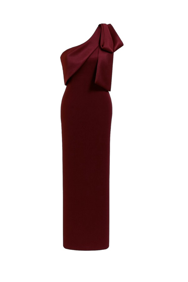 Tek Omuz Saten Fiyonk Detaylı Krep Maxi Abiye Elbise