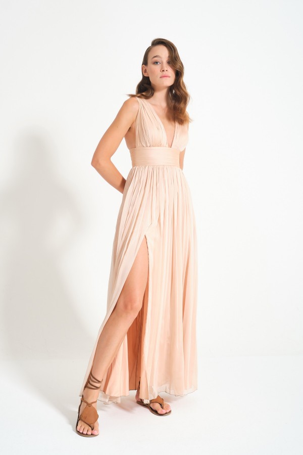 'HELEN' Pudra Şifon Yırtmaç Detaylı Uzun Elbise