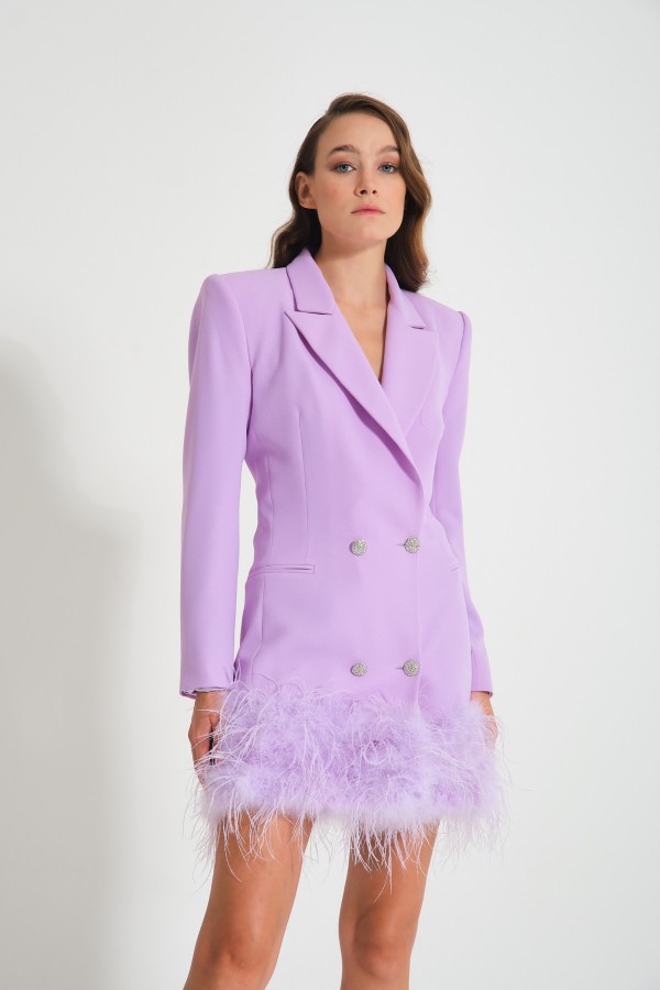 'ESTELLE' Lila Blazer Tüylü Kruvaze Taşlı Düğmeli Ceket Elbise