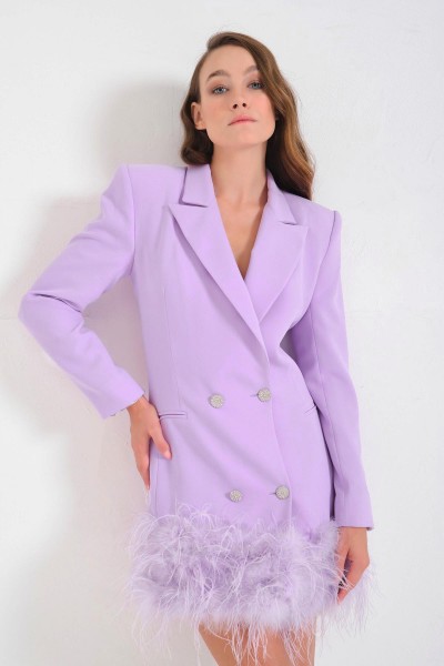 'ESTELLE' Lila Blazer Tüylü Kruvaze Taşlı Düğmeli Ceket Elbise