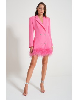 'ESTELLE' Pembe Blazer Tüylü Kruvaze Taşlı Düğmeli Ceket Elbise