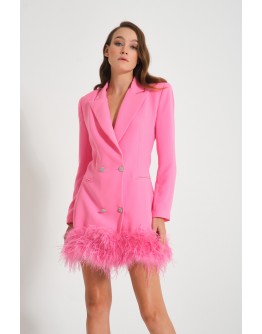 'ESTELLE' Pembe Blazer Tüylü Kruvaze Taşlı Düğmeli Ceket Elbise