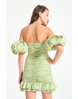 'HOLLY' Mint Yeşili Düşük Balon Kollu Drapeli Mini Elbise