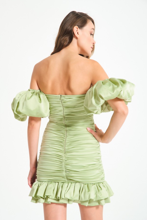 'HOLLY' Mint Yeşili Düşük Balon Kollu Drapeli Mini Elbise