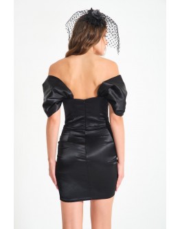 'DIANA' Siyah Saten Drapeli Mini Elbise