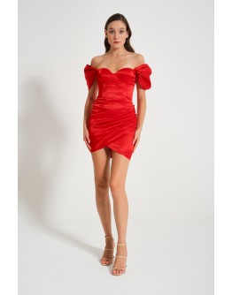 'DIANA' Kırmızı Saten Drapeli Mini Elbise
