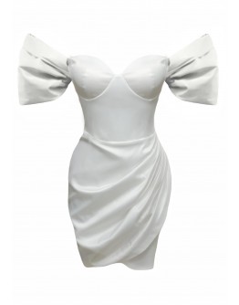 Diana Beyaz Saten Drapeli Elbise