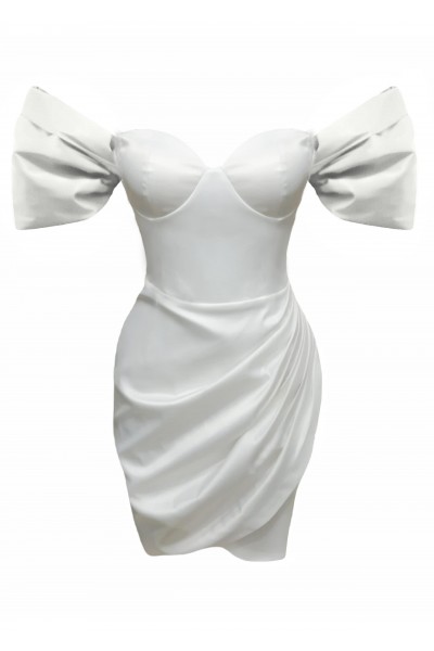 Diana Beyaz Saten Drapeli Elbise