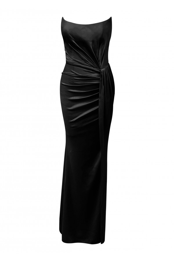 Alicia Siyah Saten Drapeli Yırtmaç Detaylı Uzun Alice Elbise 