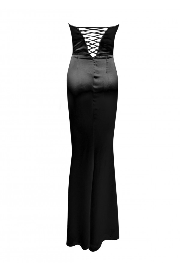 Alicia Siyah Saten Drapeli Yırtmaç Detaylı Uzun Alice Elbise 