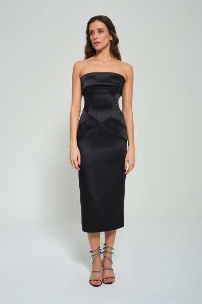 'CELINE' Siyah Saten Straplez Midi Elbise