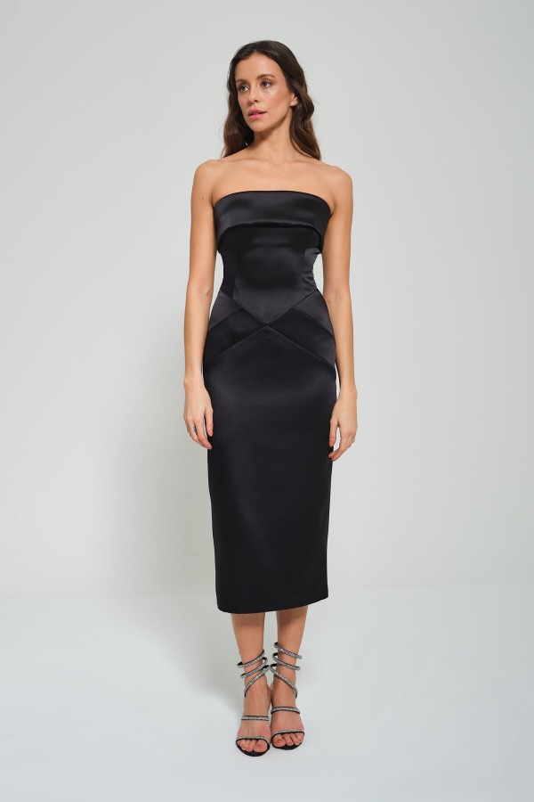 'CELINE' Siyah Saten Straplez Midi Elbise