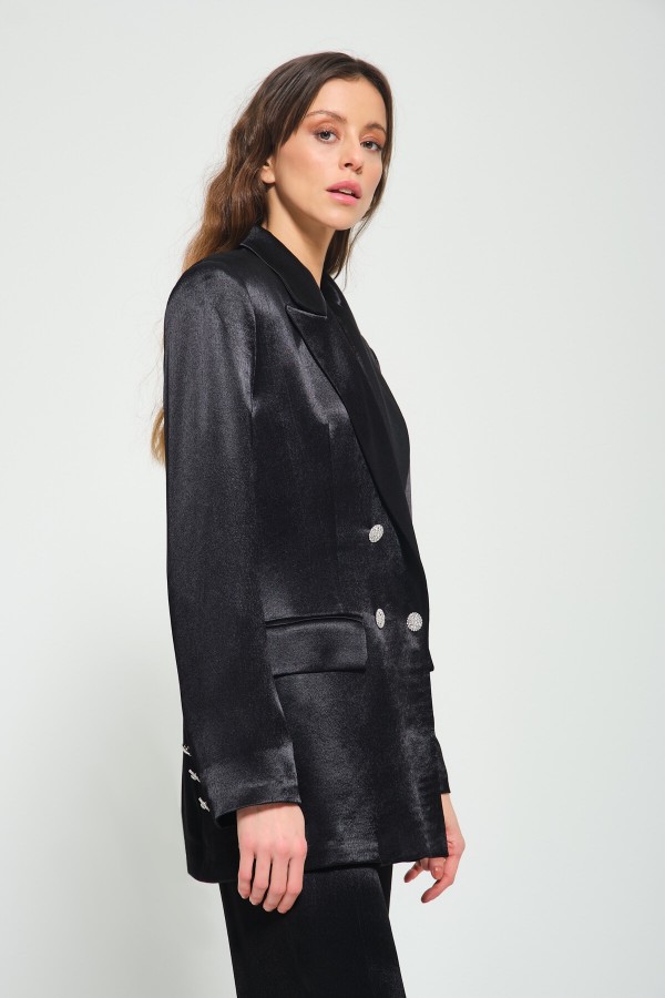 Siyah Saten Taş Düğme Detaylı Ceket