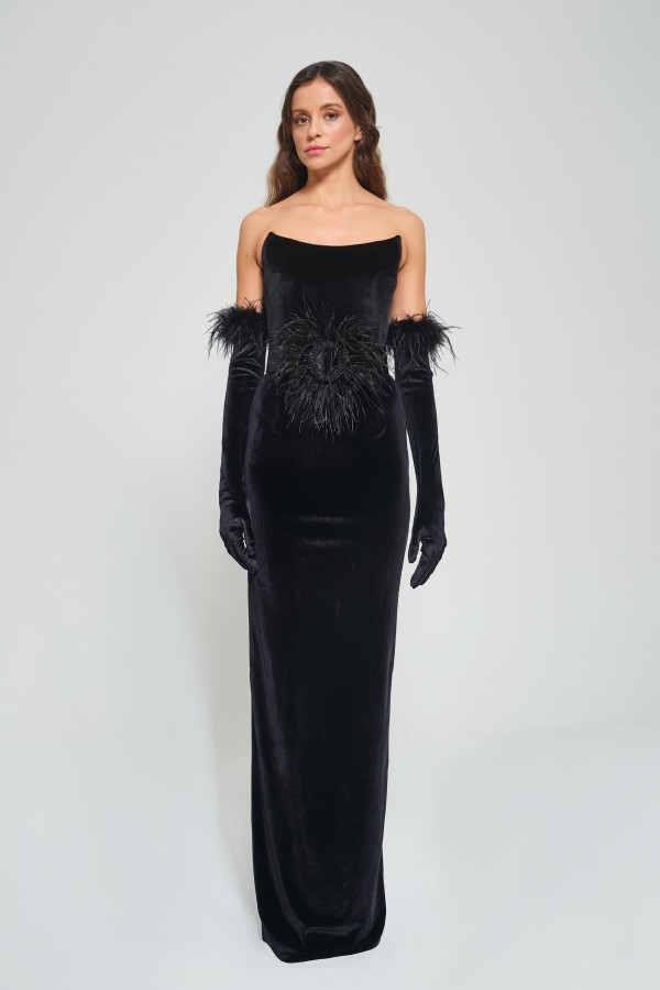 'VANESSA' Siyah Kadife Korse Form Uzun Abiye Elbise