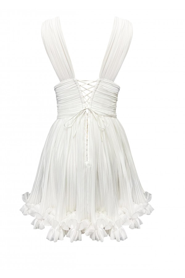 Lotus Beyaz Piliseli Şifon Fırfırlı Elbise