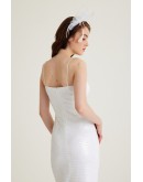 Beyaz Payetli Düz Yaka Askılı Midi Elbise