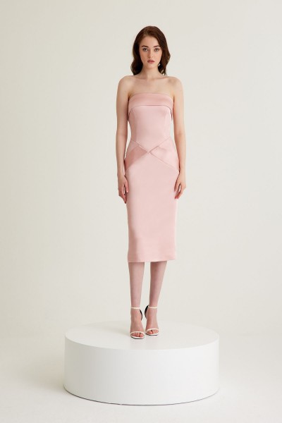 'CELINE' Pudra Saten Straplez Midi Elbise