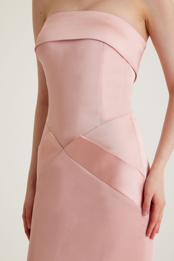 'CELINE' Pudra Saten Straplez Midi Elbise