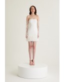 Beyaz Düz Yaka Straplez Tüy Detaylı Krep Mini Elbise