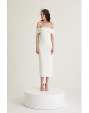  Beyaz El İşleme Detaylı Düşük Omuzlu Krep Midi Elbise