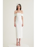  Beyaz El İşleme Detaylı Düşük Omuzlu Krep Midi Elbise
