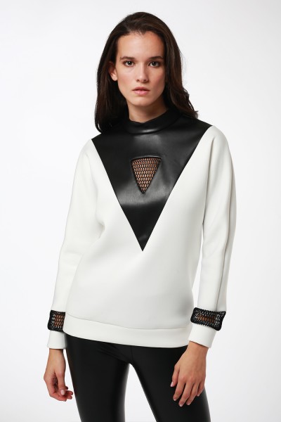 Siyah Beyaz File Deri Detaylı Sweatshirt