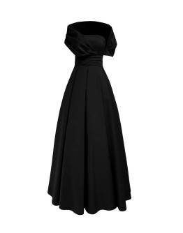 Straplez Drapeli Şal Detaylı Kloş Abiye Elbise