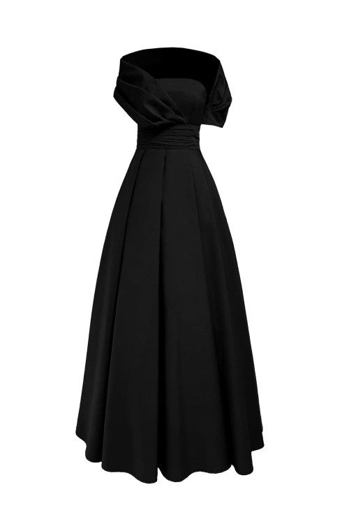 Straplez Drapeli Şal Detaylı Kloş Abiye Elbise