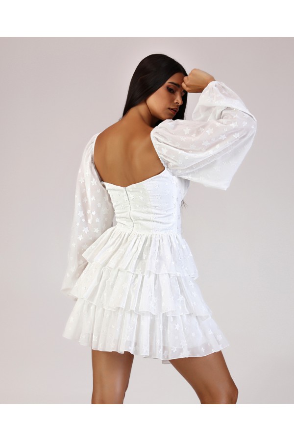 'NELL' Beyaz Yıldız Desenli Balon Kol Elbise