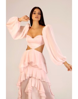 'LUNA' Pudra Bel Detaylı Fırfırlı Elbise