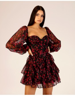'CHERRY' Çiçekli Balon Kol Mini Elbise