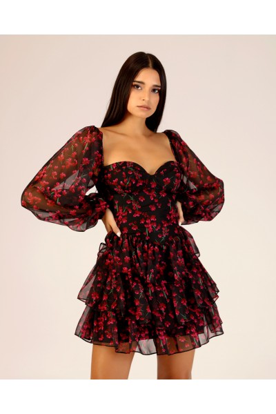 'CHERRY' Çiçekli Balon Kol Mini Elbise