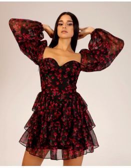 'CHERRY' Çiçekli Balon Kol Mini Elbise