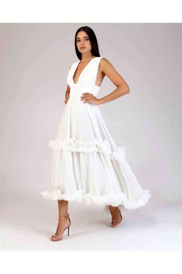 Lotus Beyaz Şifon Fırfırlı Elbise