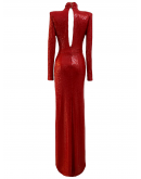 Kırmızı Payet Drapeli Boğazlı Uzun Elbise 