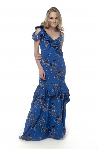 Mavi Çiçekli Volanlı Elbise