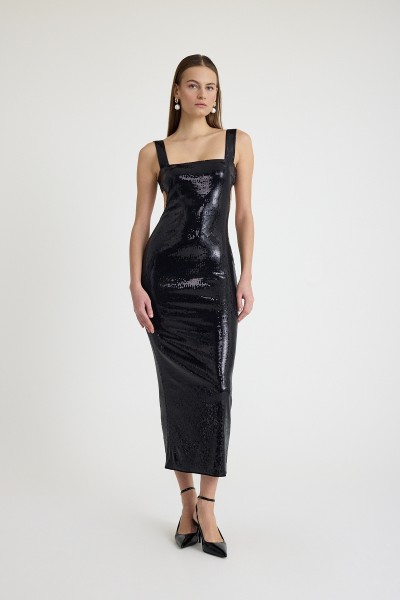 Payet cutout detaylı askılı midi elbise