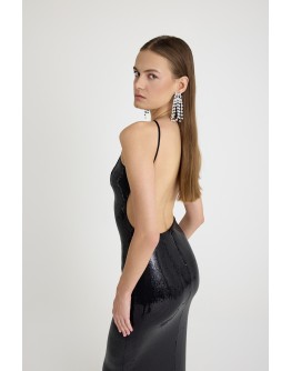 Payet Sırtı Açık Askılı Aksesuar Detaylı Maxi Abiye Elbise